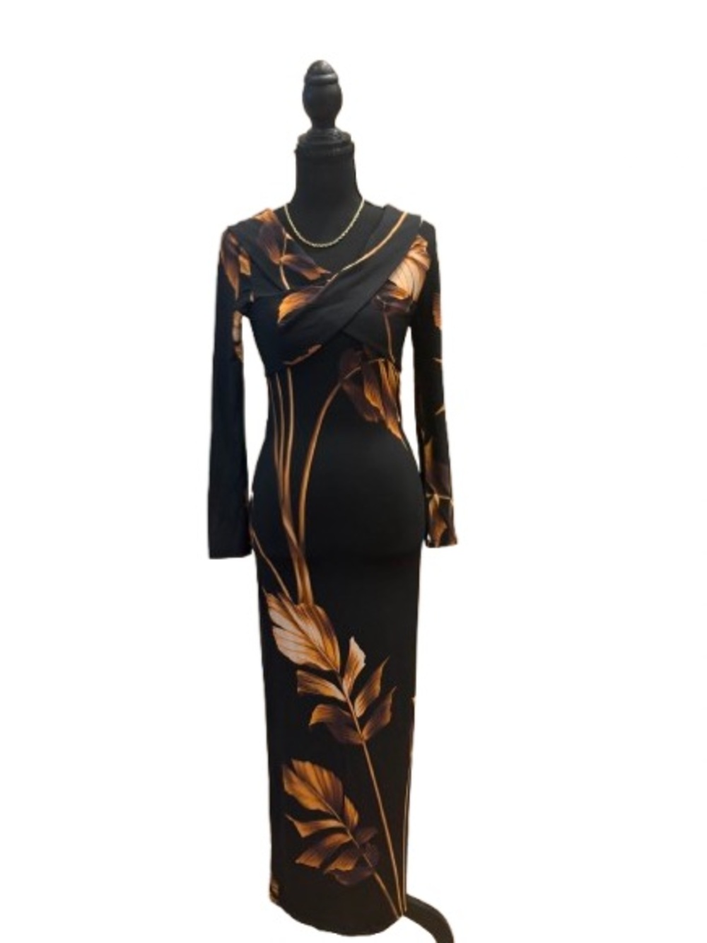 Ted Baker Black Maxi Dress with Metallic Gold Leaf Print
